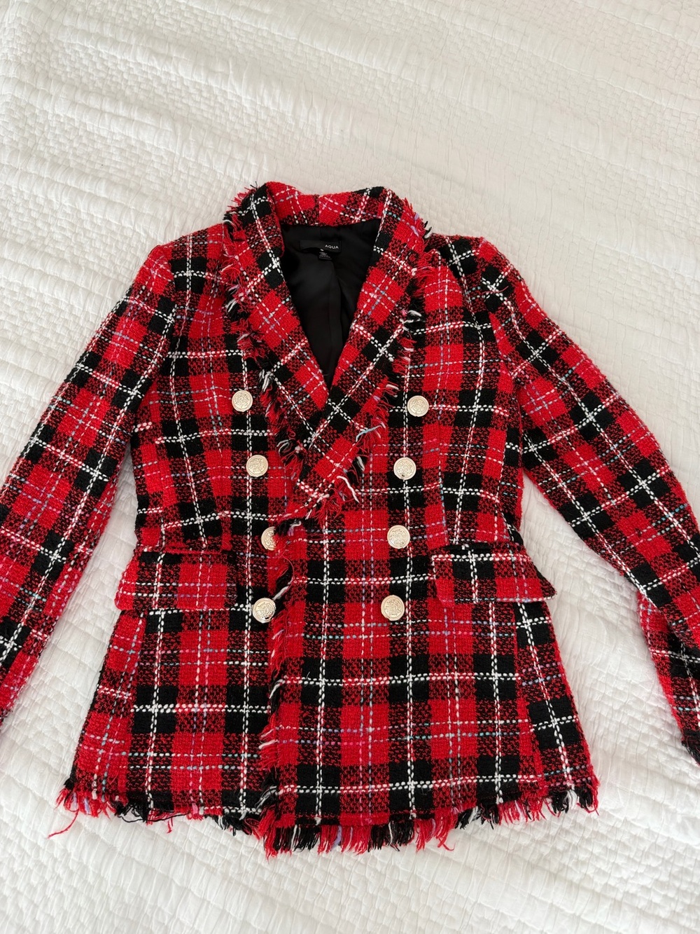 Aqua Red & Black Plaid Double-Breasted Fringe Blazer